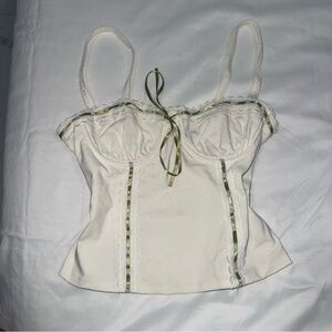 Y2K White Corset Bustier Top with Green Ribbon Trim | Lace Trim Corset Fairy💚